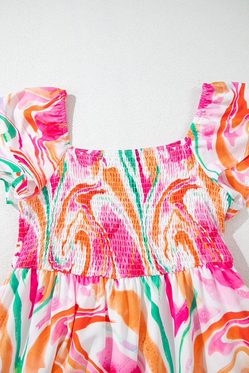 Pink Abstract Print Ruffled Sleeve Smocked Bust Maxi Dress